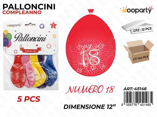 Wooparty /Palloncini D.12 Multicolore N.18 5Pcs /Pz Da 12**Cfz