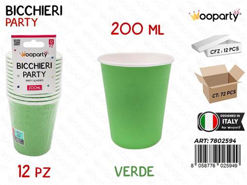 Wooparty Bicchieri Carta Monouso Verde 12Pcs 200Ml