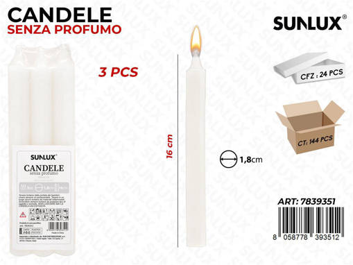 Candela Stelo Classica 3pz Bianche Senza Profumo