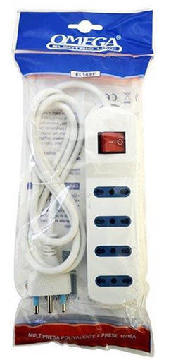 Omega Multipresa 4 Prese Bipasso 10/16A 2P+T, Cavo 1,5Mt H05Vv-F 3Gx1Mm, Spina S17 16A 2P+T, Con Interruttore Luminoso