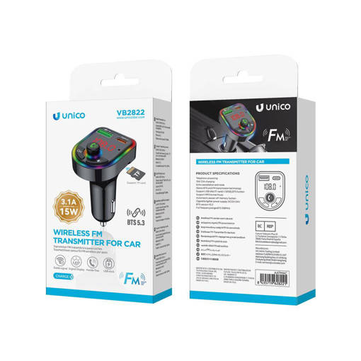 Unico VB2822 Car Bluetooth MP3 Player A+C Port Charging 15W With LED Display Support Hands-free/USB/TF Card/RGB RoHS Black