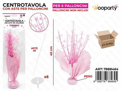 Wooparty Centro Tavola C/ Aste Per Palloncini Rosa 40Cm /Pz Da 6**
