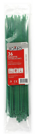 Kombo Set 36 Pezzi Fascette Per Cablaggio, Colore Verdi, Lunghezza 280 Mm, Spessore 3,6 Mm. Diametro Max Di Serraggio 70 Mm, Resistenza Alla Trazione 6<Dan<10. In Poliammide Pa 6.6, Flame Retardant V2, Temperatura Di Utilizzo -35 C° / +85 C°, Ignifuga, Stabilizzata Ai Raggi Uv. Ce